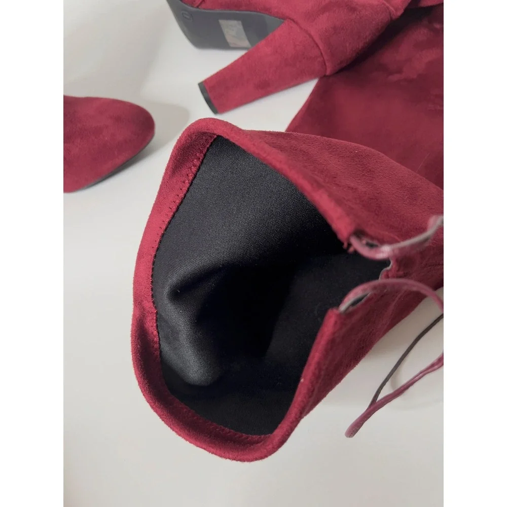 Burgundy Faux Suede Over‎ The Knee Block Heel Boots Pointed Toe Wine Red Size 7